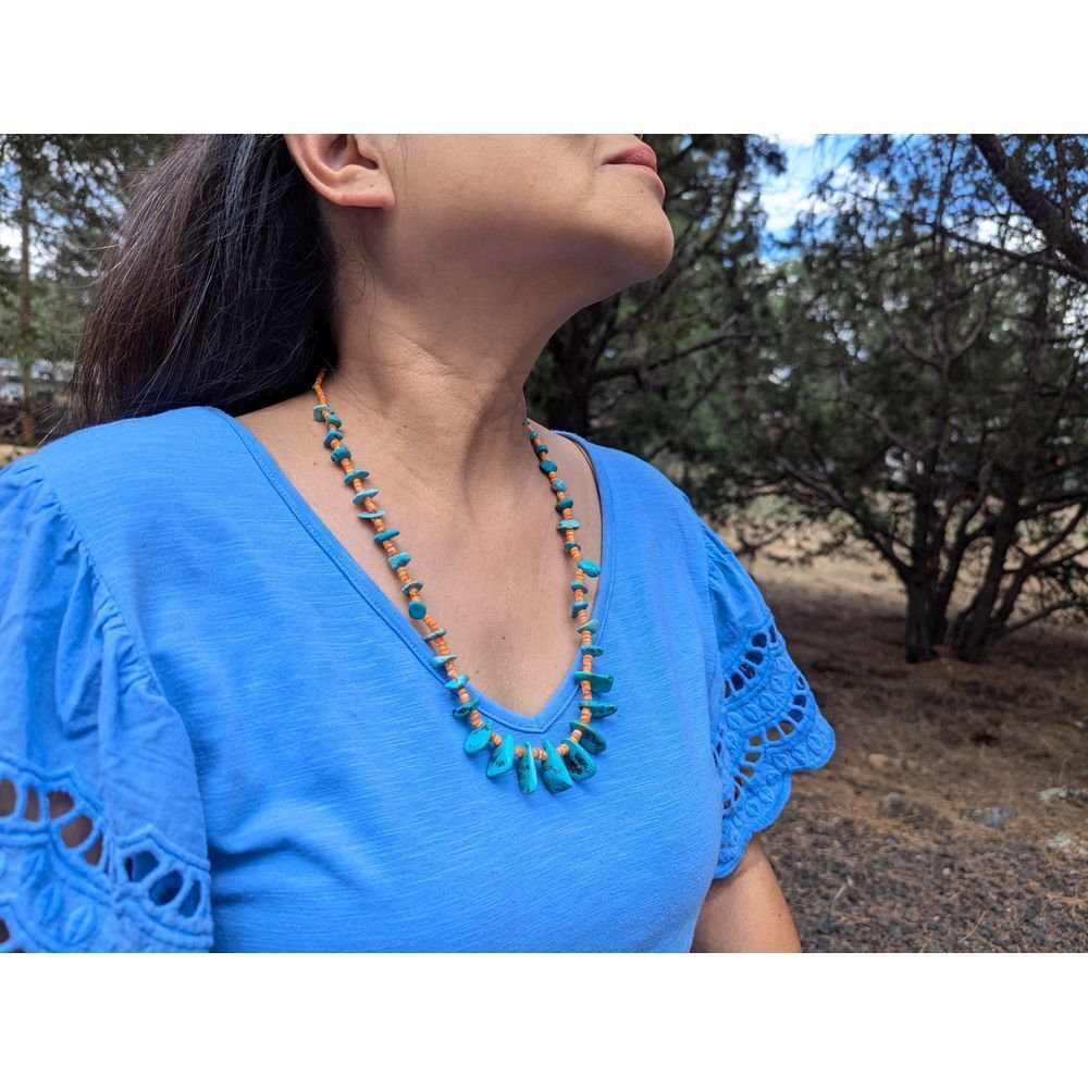 Native American Natural Turquoise Nuggets & Cabochon Spiny Oyster Necklace **